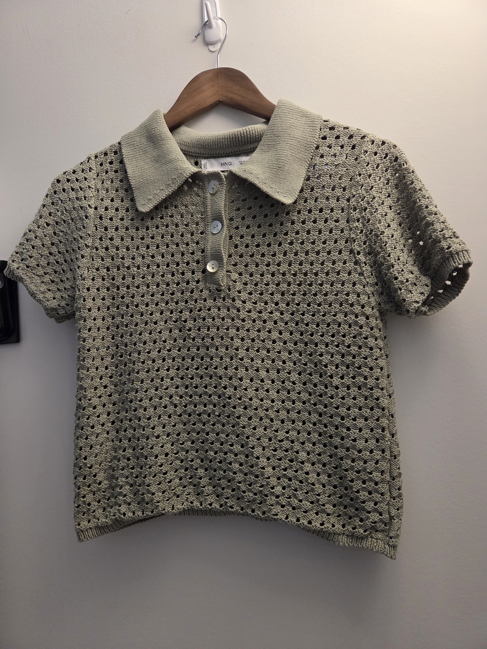 Mango Sage Green Crochet Polo Cardigan Sz S